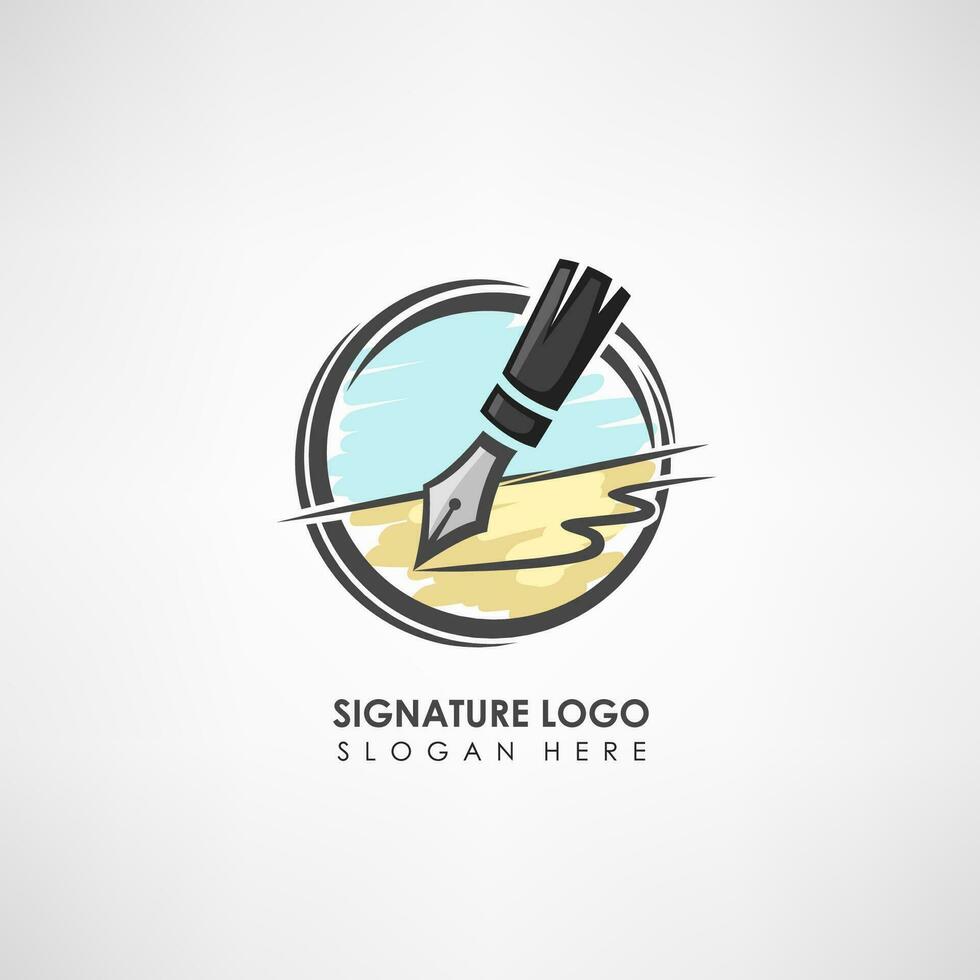 Signature Concept Logo Template with Pen Drawing. Label Template For Signature to The Treaty Or Company Symbol, Vector Illustration