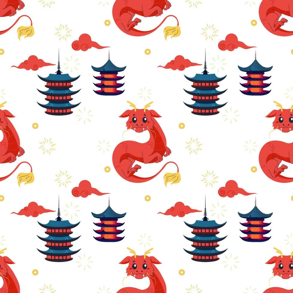 Seamless pattern chinese dragon, red cute 2024. vector