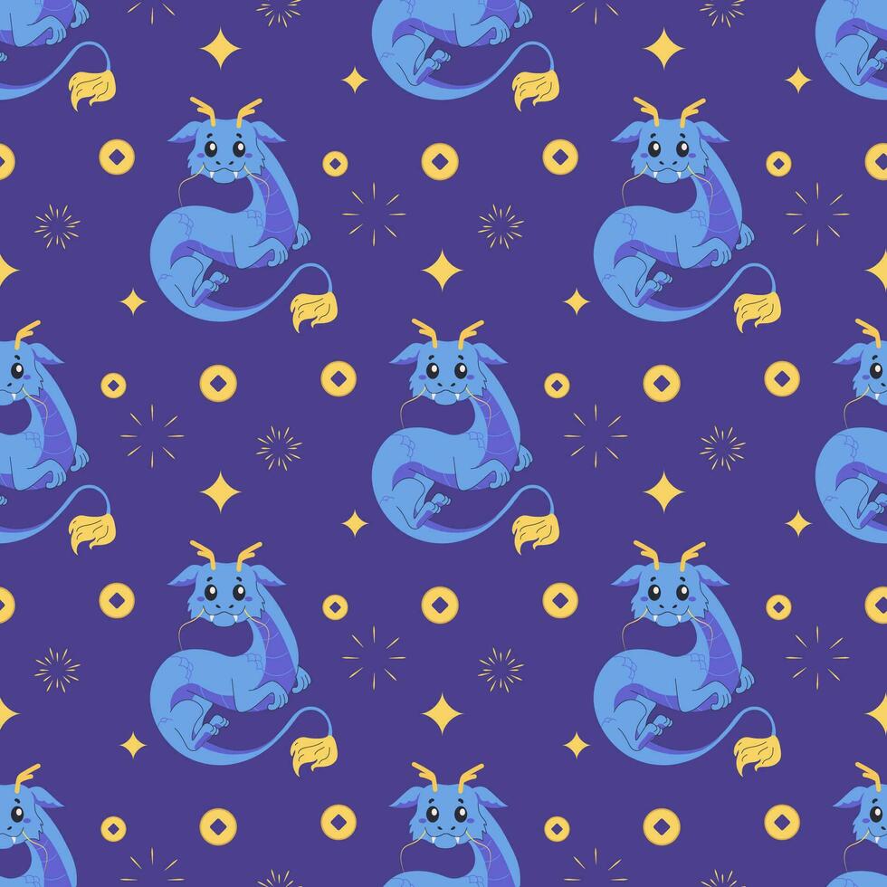 Seamless pattern Chinese dragon, red cute 2024. blue vector
