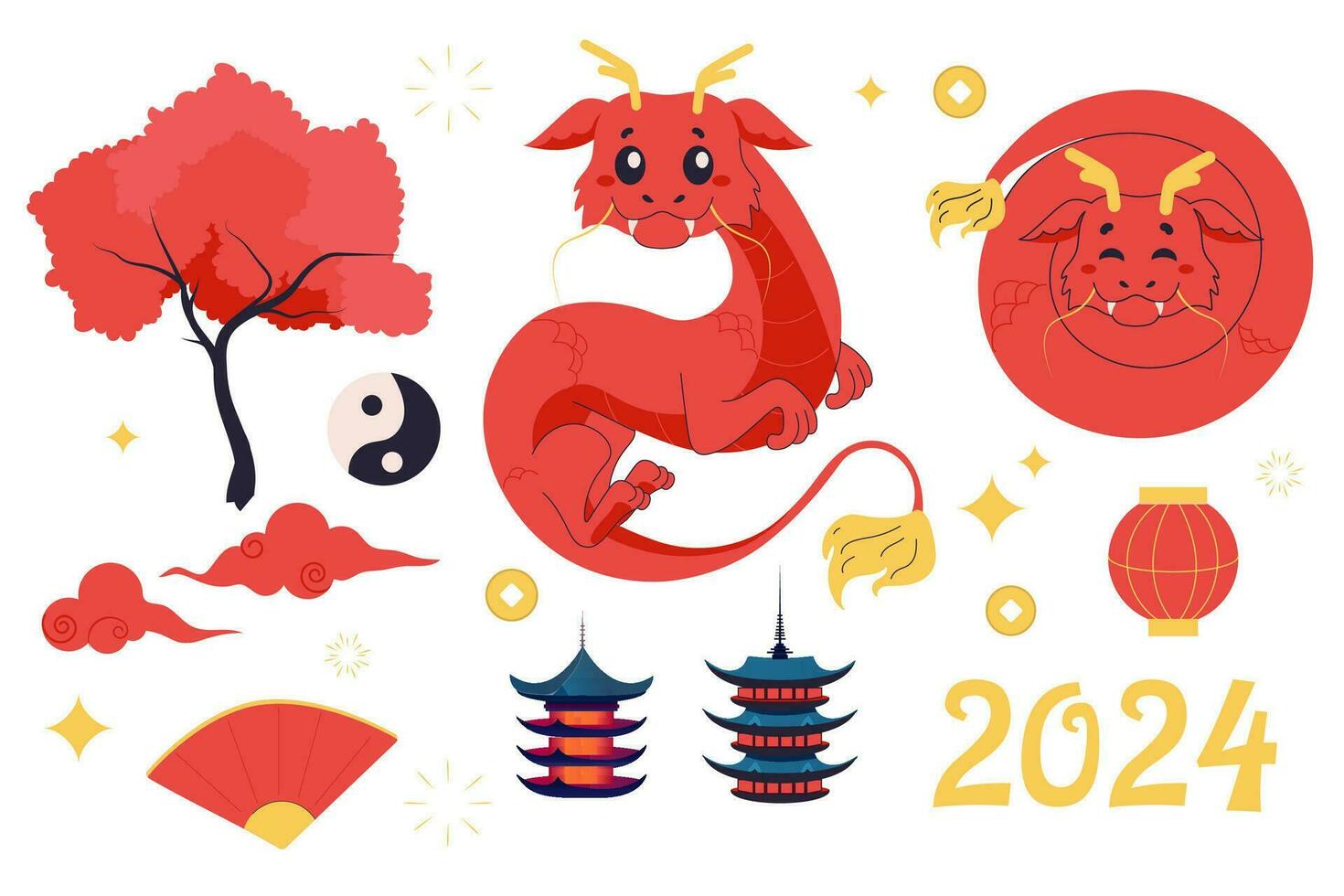 Set 2024 year of the Chinese dragon, cute dragon, pagodas, clouds, lantern vector