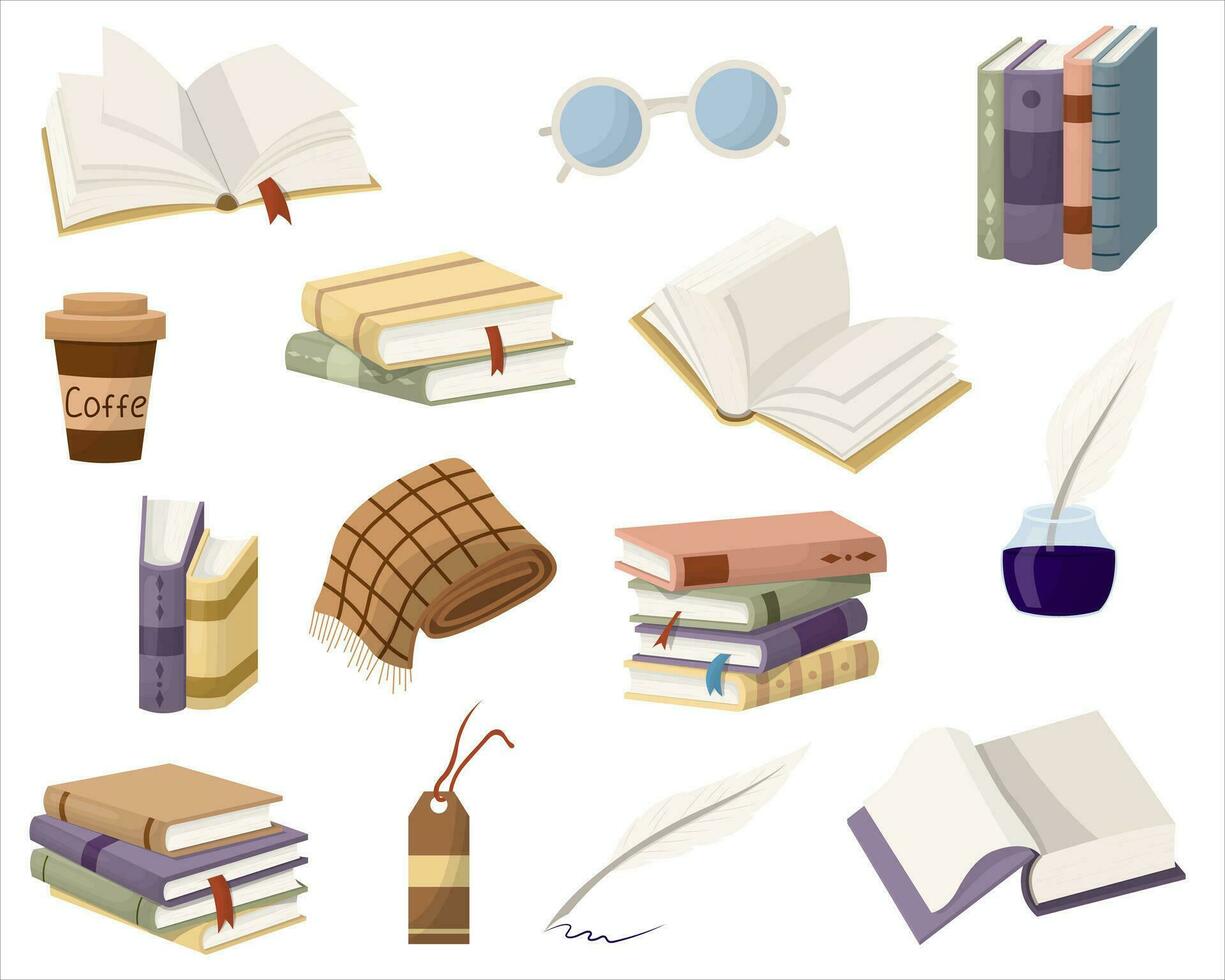 A cozy set of books, open books and books stacked in piles. Different attributes to read. Vector illustration.