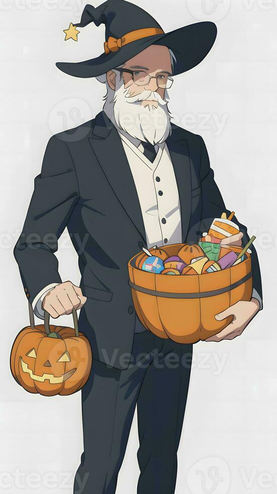 A Gentleman with His Pumpkin An Anime Style Halloween Scene with a Simple Background photo
