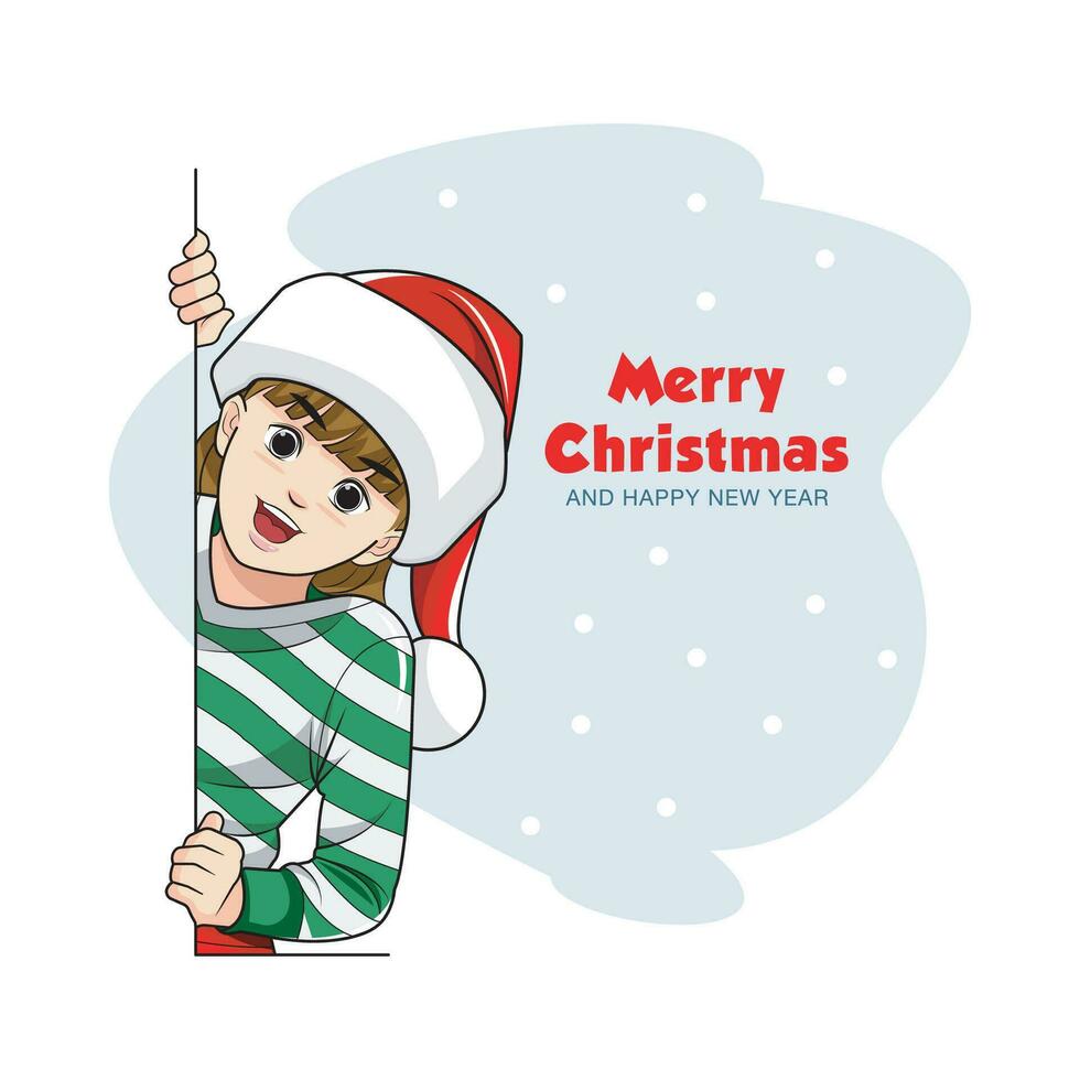 Christmas day. A cute little girl wearing a Santa hat is peeking from behind. Vector illustration