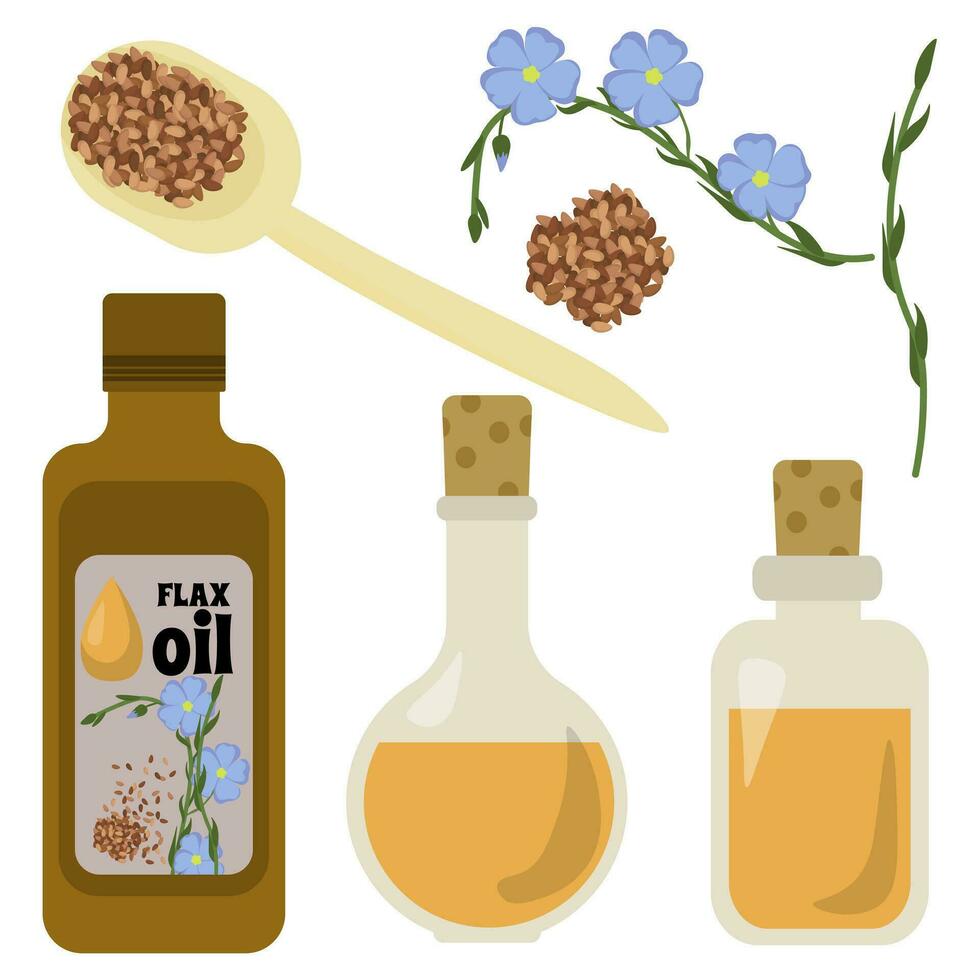 Set of flax oil in bottles and flasks, flowers and flax seeds vector