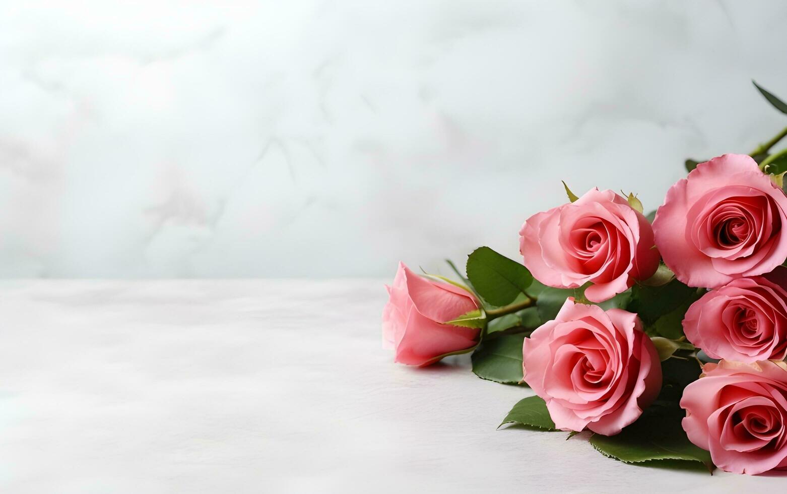 rosado rosas en un blanco mesa con Copiar espacio ai generativo foto