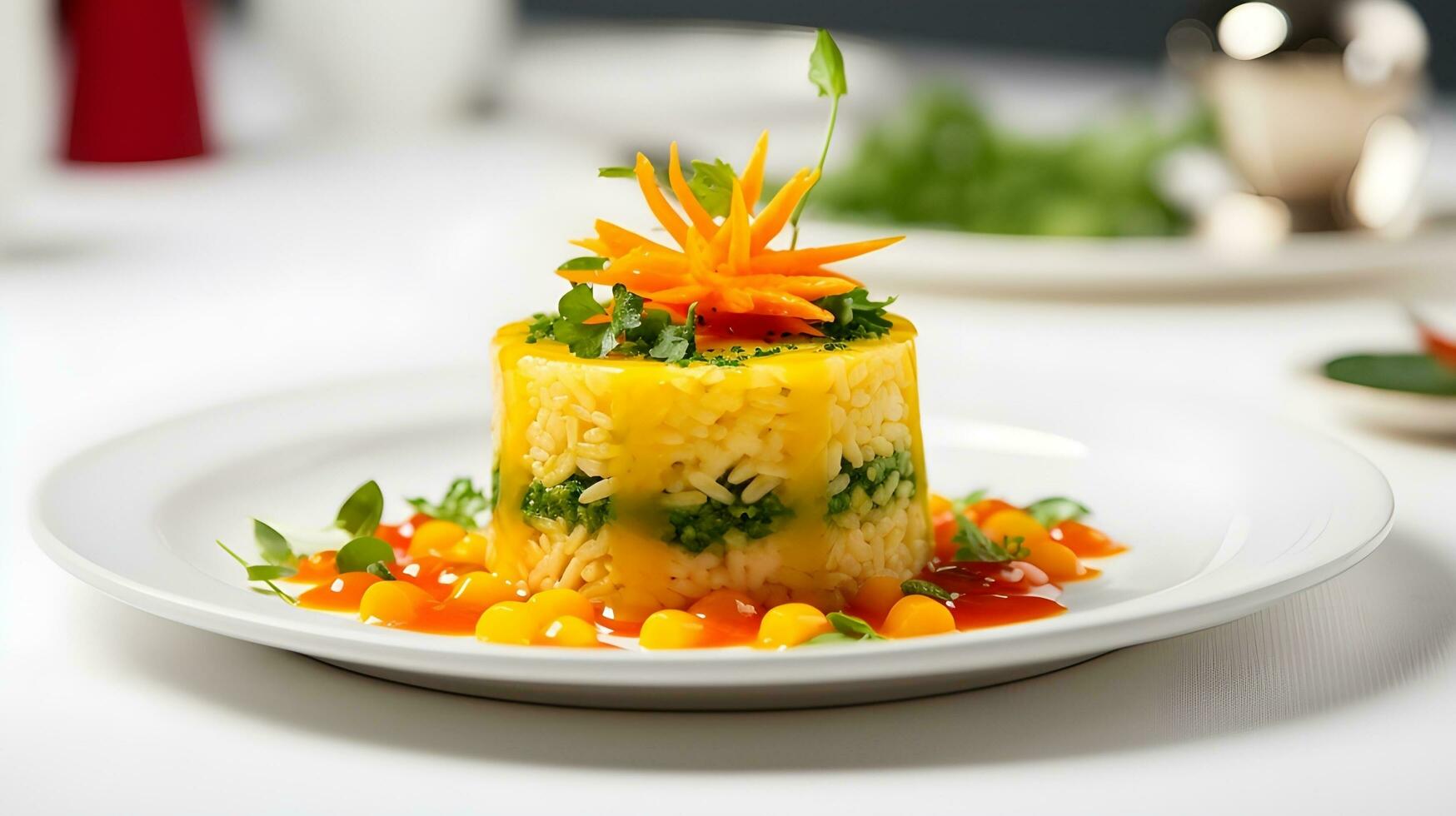 un plato con arroz, vegetales y un Zanahoria ai generativo foto
