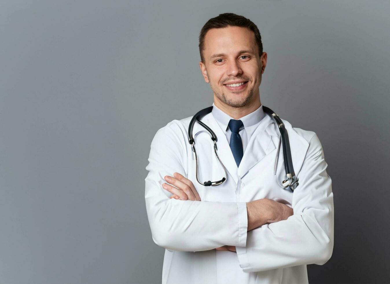 AI Generative.Healthcare, medical staff concept. Portrait of smiling male doctor posing with folded arms on grey studio background, free space. Professional general practitioner.AI-Generated. photo