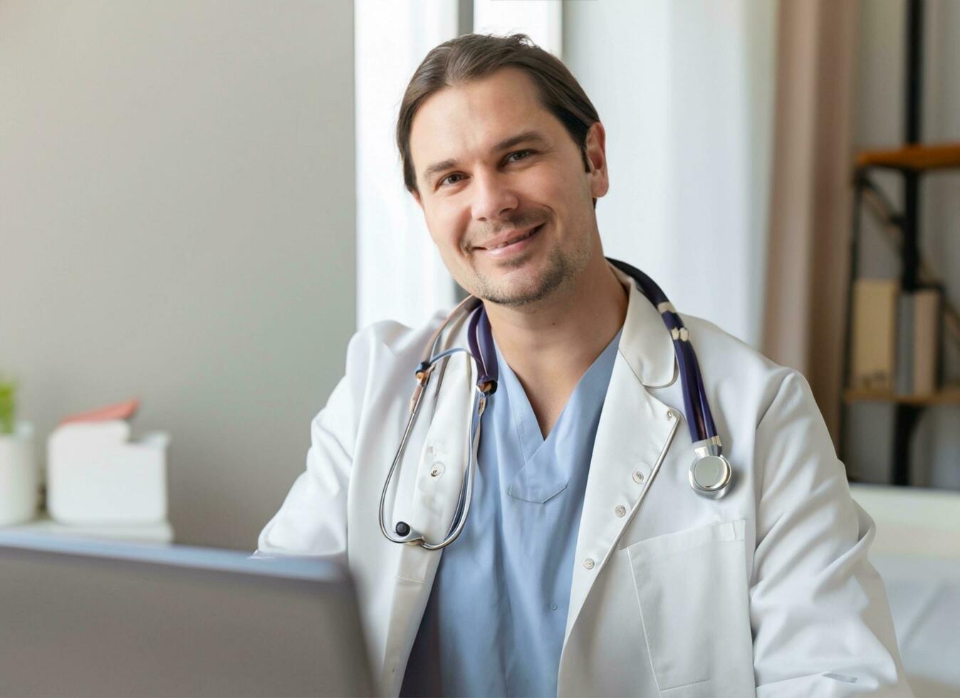 .Doctor male wearing white coat stethoscope on shoulders looking at camera, doctor make video call internet talk with patient provide help online counseling and therapy concept.AI Generative photo