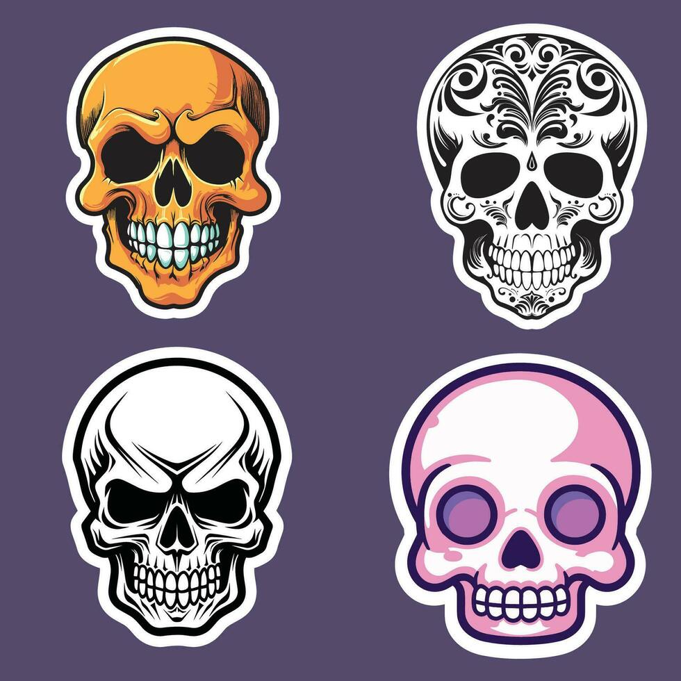 Four Skull Stickers in Different Styles on a Purple Background vector