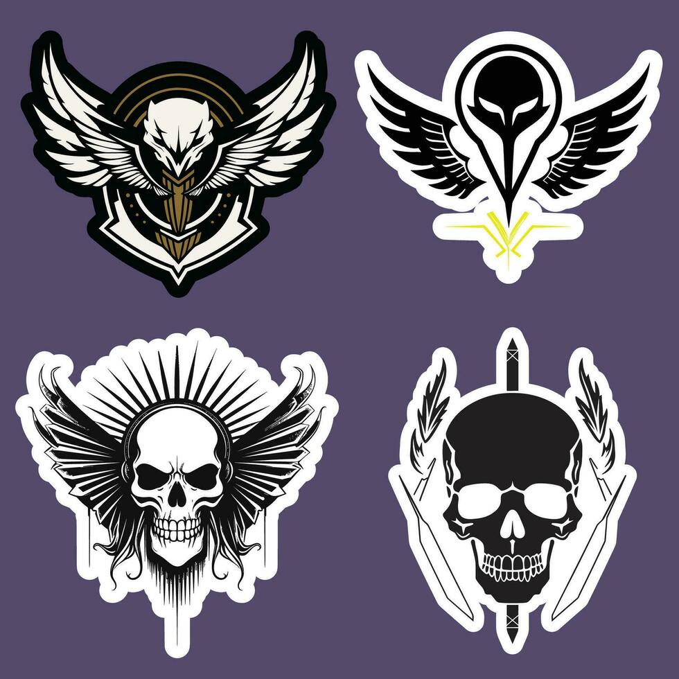 Skull and Wings Sticker Set on Purple Background vector