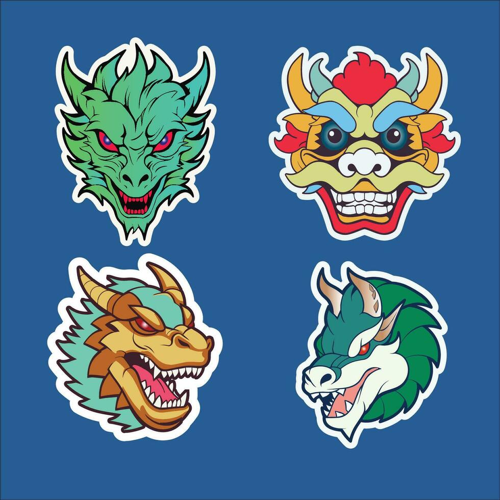 Four Dragon Heads Stickers on Blue Background vector