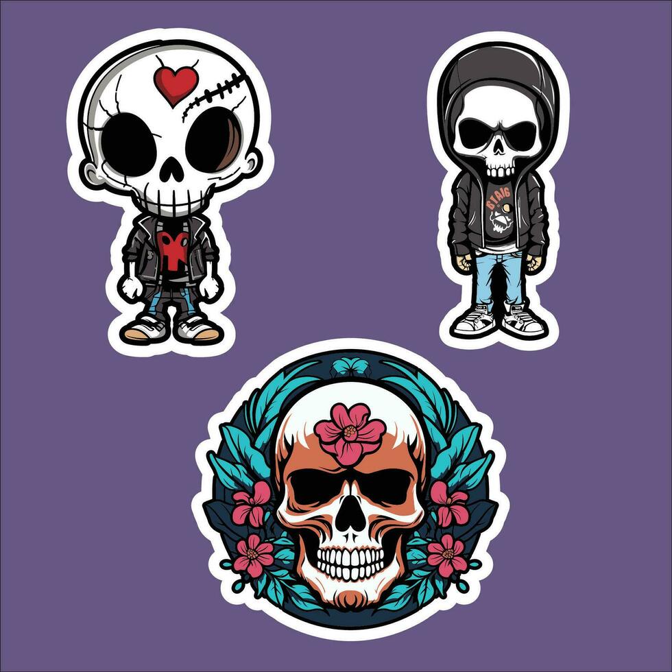 Tres pegatina conjunto de calaveras y flores vector