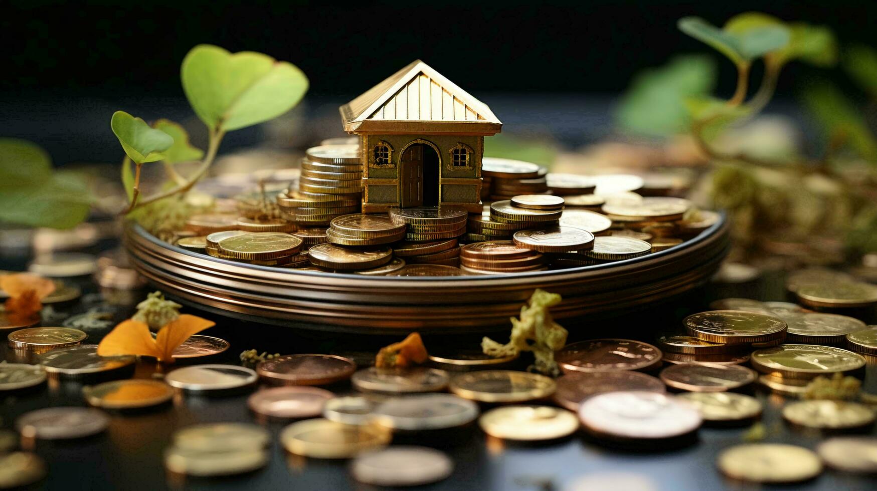 AI-Generated House on a pile of gold coins and money on the table, finance concept credit and home mortgage photo