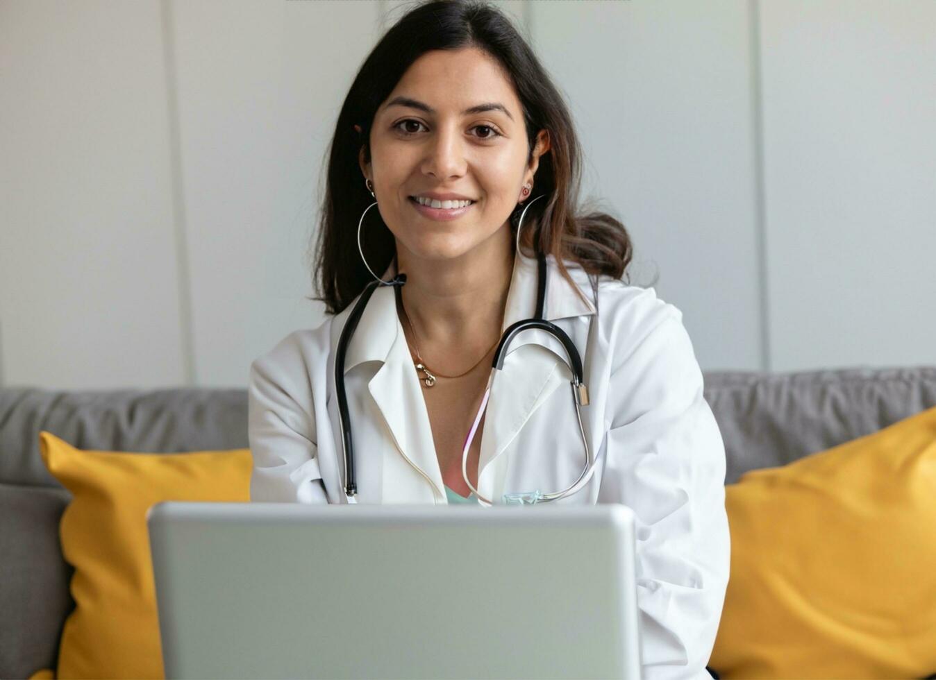 Doctor woman wearing white coat stethoscope on shoulders looking at camera, doctor make video call internet talk with patient provide help online counseling and therapy concept.AI Generative. photo