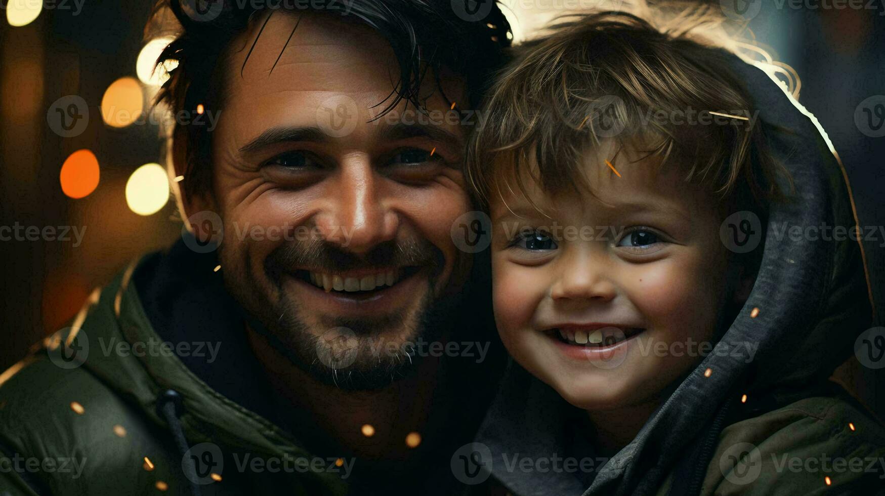 generado por ai padre y hijo sonrisa y risa alegremente, padre abrazos su hijo, concepto de paternal amor y educación foto