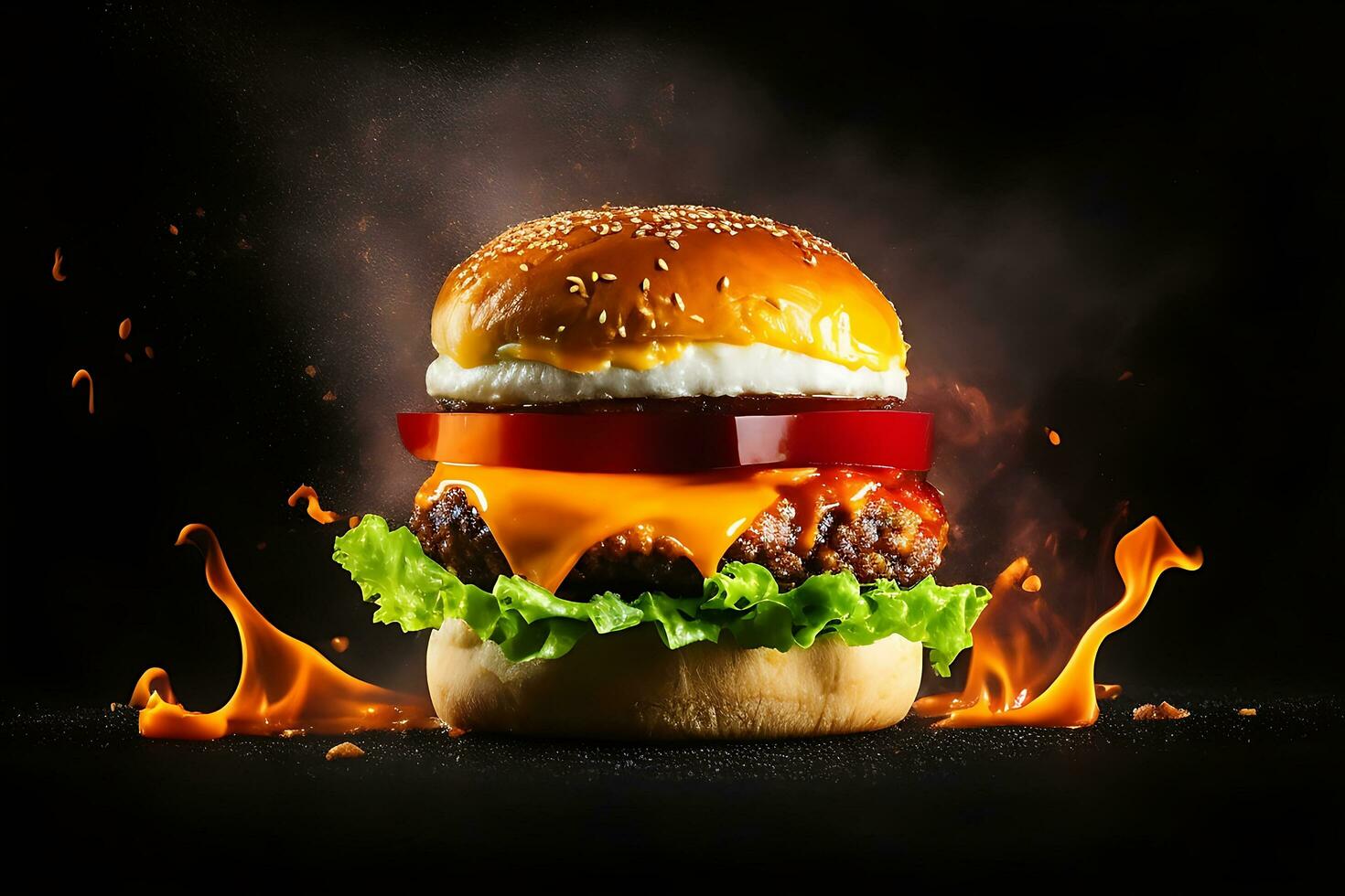 Exploding Burger With Vegetables And Melted Cheese On Black Background Generative Ai photo