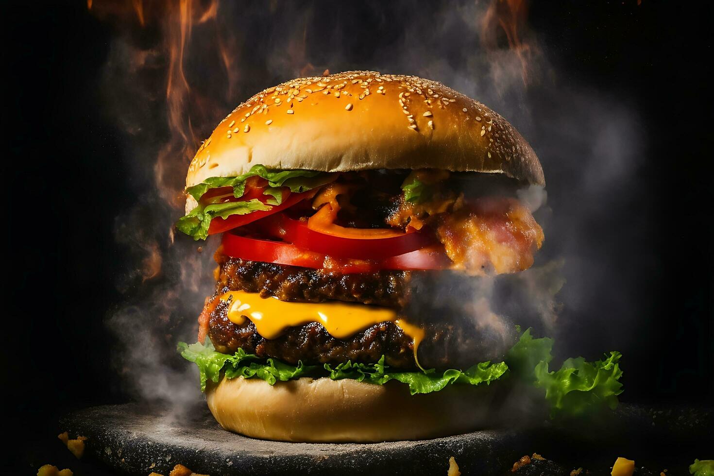 Exploding Burger With Vegetables And Melted Cheese On Black Background Generative Ai photo