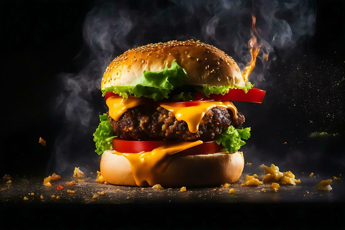 Exploding Burger With Vegetables And Melted Cheese On Black Background Generative Ai photo