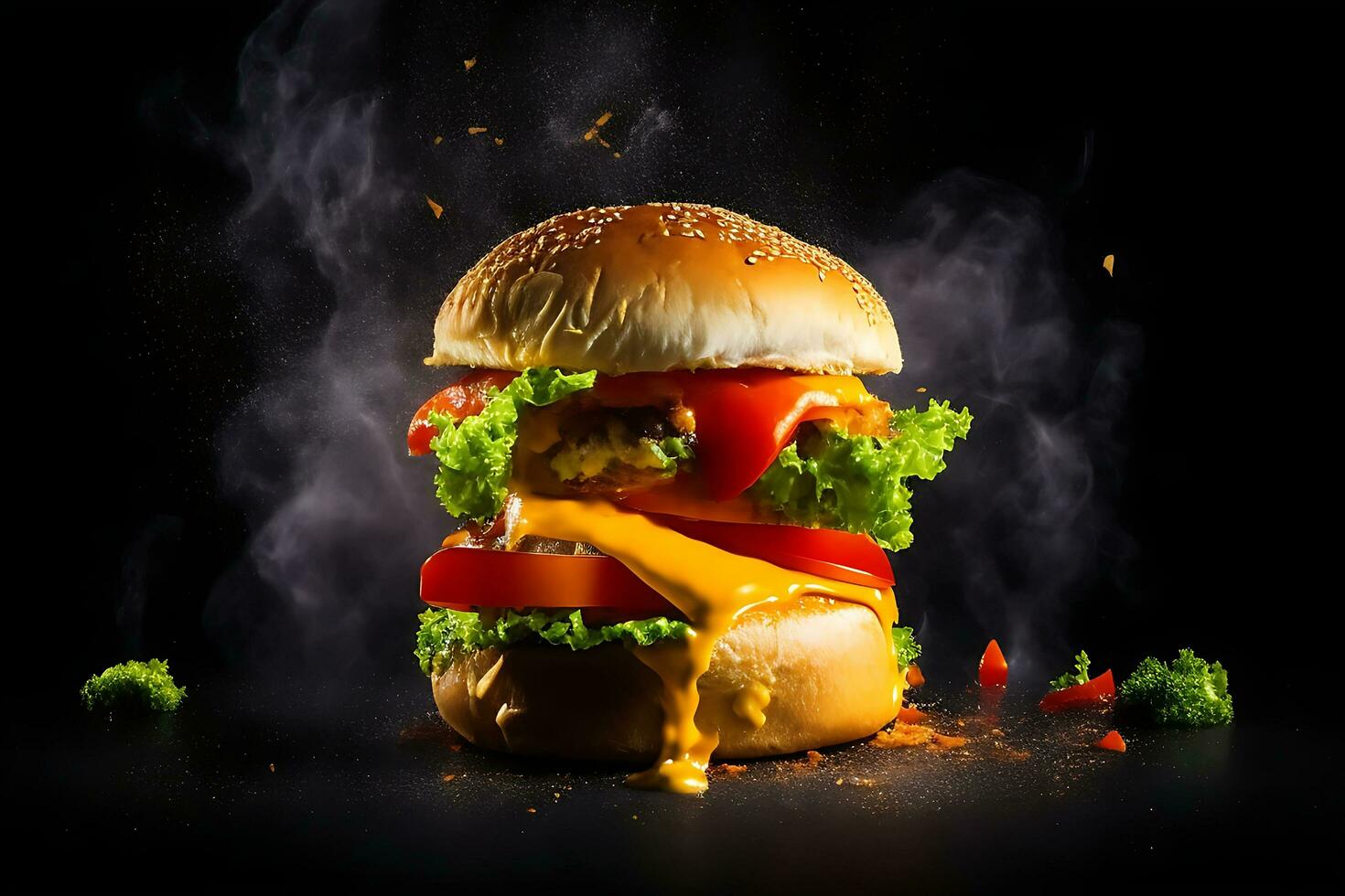 Exploding Burger With Vegetables And Melted Cheese On Black Background Generative Ai photo