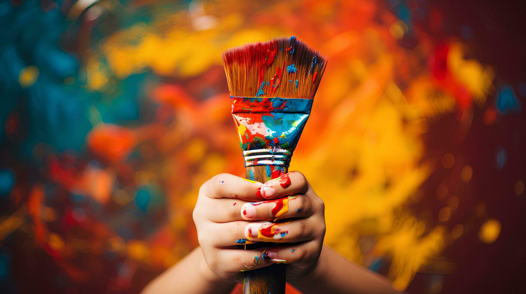 Children's hands holding an artistic paintbrush. Mixed colors.AI Generative photo