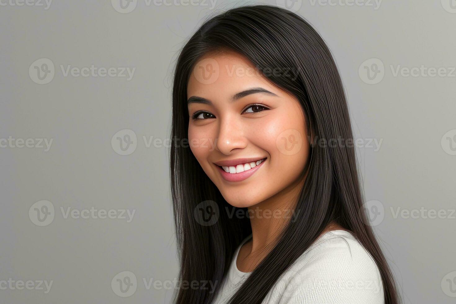 Closeup photo portrait of a beautiful young asian woman smiling with clean teeth on gray background.generative ai.