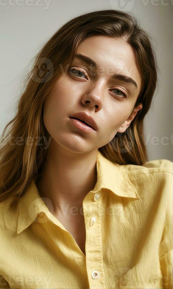 Young Italian woman wearing a white linen shirt.Generative AI. photo