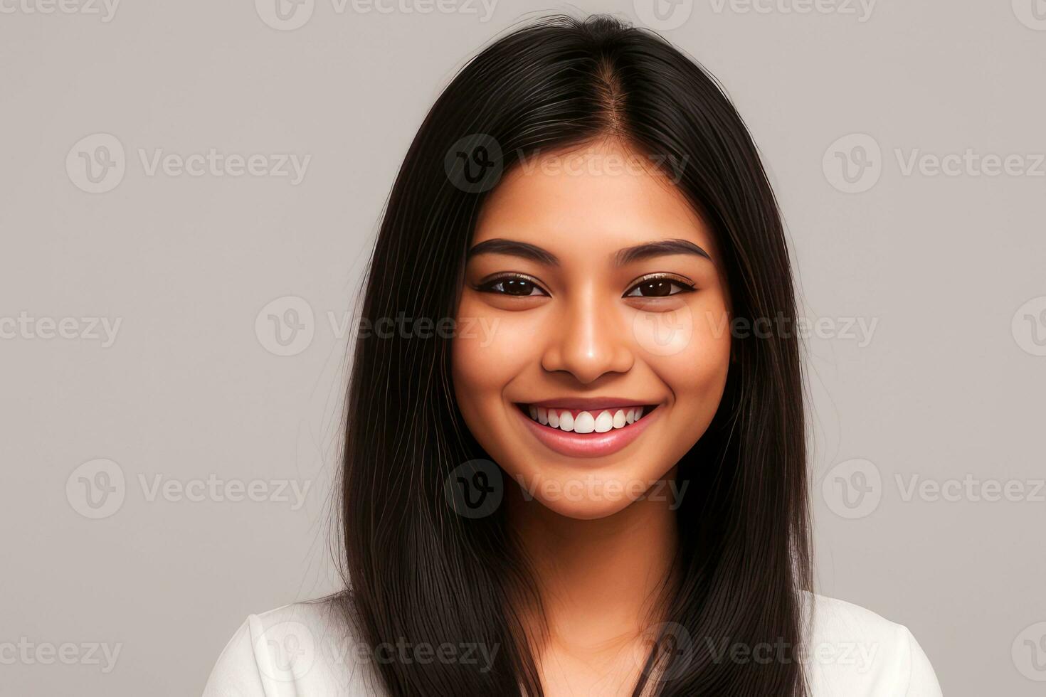 Closeup photo portrait of a beautiful young asian woman smiling with clean teeth on gray background.generative ai.