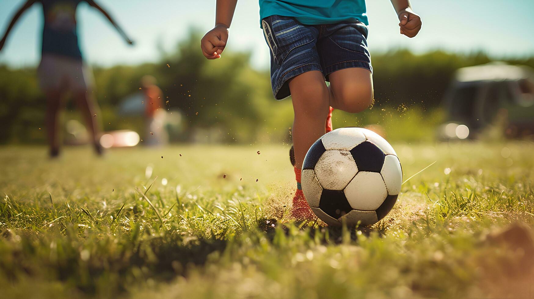 Close-up Legs Child male friends playing Football in the backyard.AI Generative photo