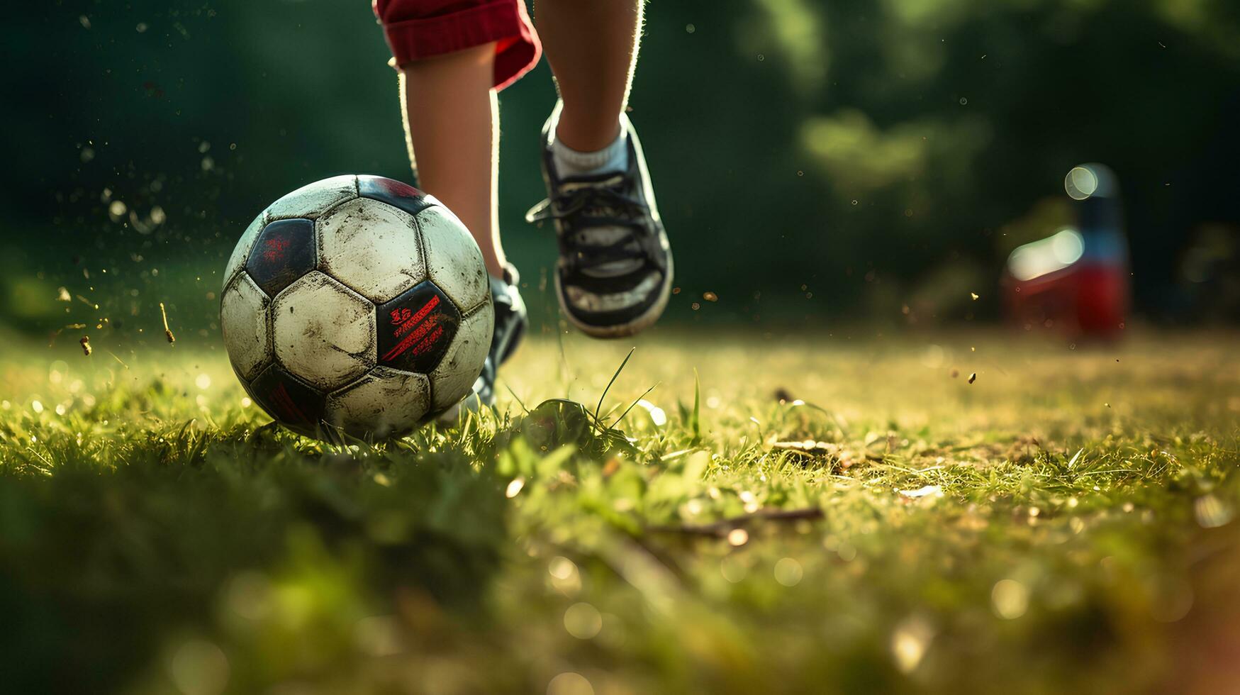 Close-up Legs Child male friends playing Football in the backyard.AI Generative photo