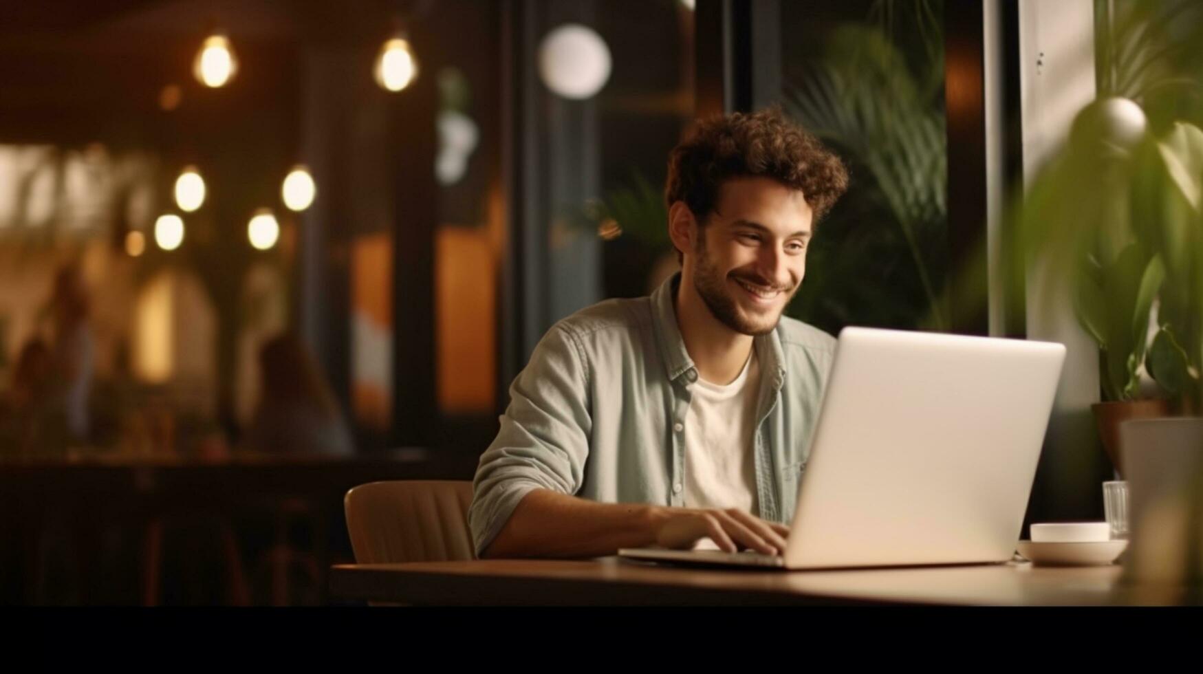 A young man working on a laptop, boy freelancer or a student with a computer in a cafe Background bokhe.AI Generative photo