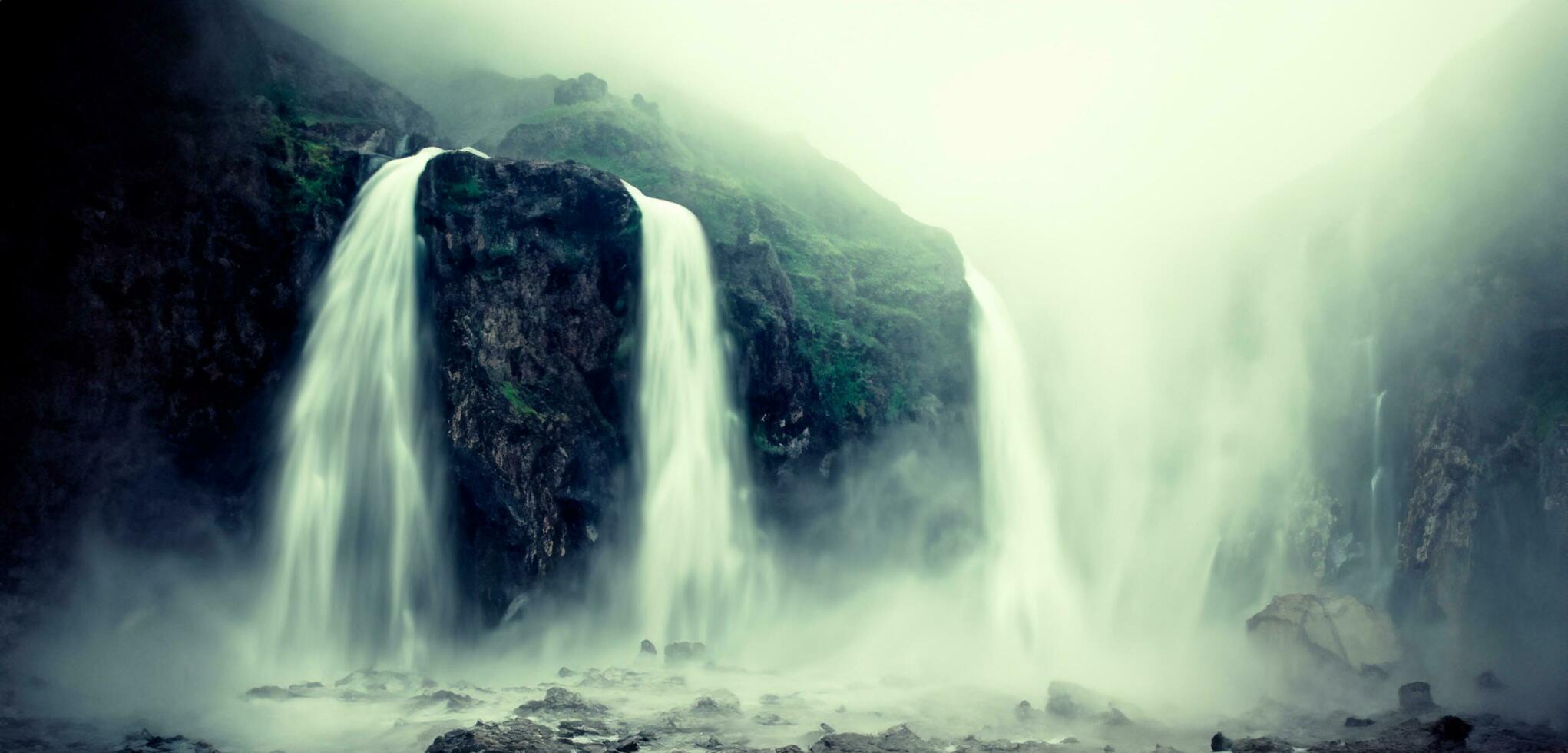 Stream in nature dark tone waterfall on a hill waterfall background fantasy forest Filled with big trees and water spray photo