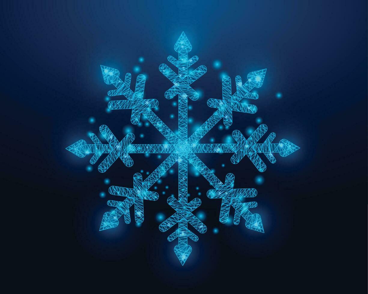 Snowflake, wireframe low poly style design. Merry Christmas and New Year concept. Wireframe glowing low poly design on a blue background. Abstract futuristic vector illustration