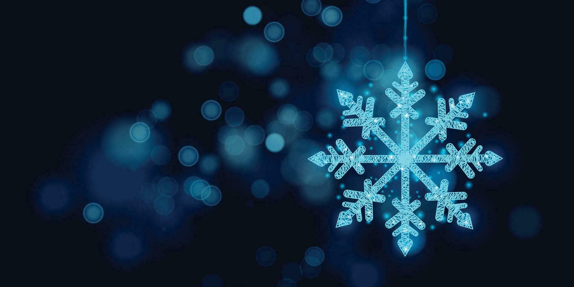 Wireframe snowflake on bokeh background, low poly style. Merry Christmas and New Year banner. Abstract modern vector illustration.