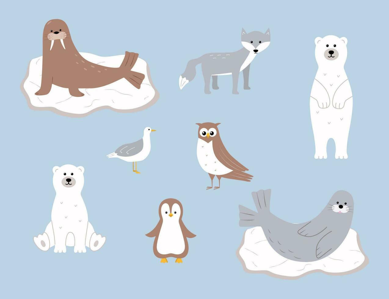 Cute Arctic animals. Vector illustration with funny polar animals. Polar bear walrus seal seagull scribe owl.