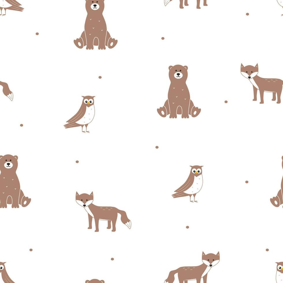 Seamless pattern cute forest animals. Vector illustration Background wallpaper for kids with funny bear, fox owl.