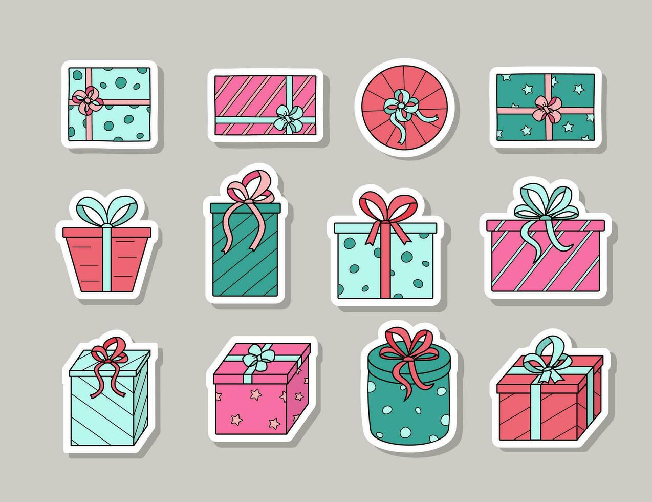 Stickers Gift boxes with bows. Vector illustration of colored icons of a festive present in a package.