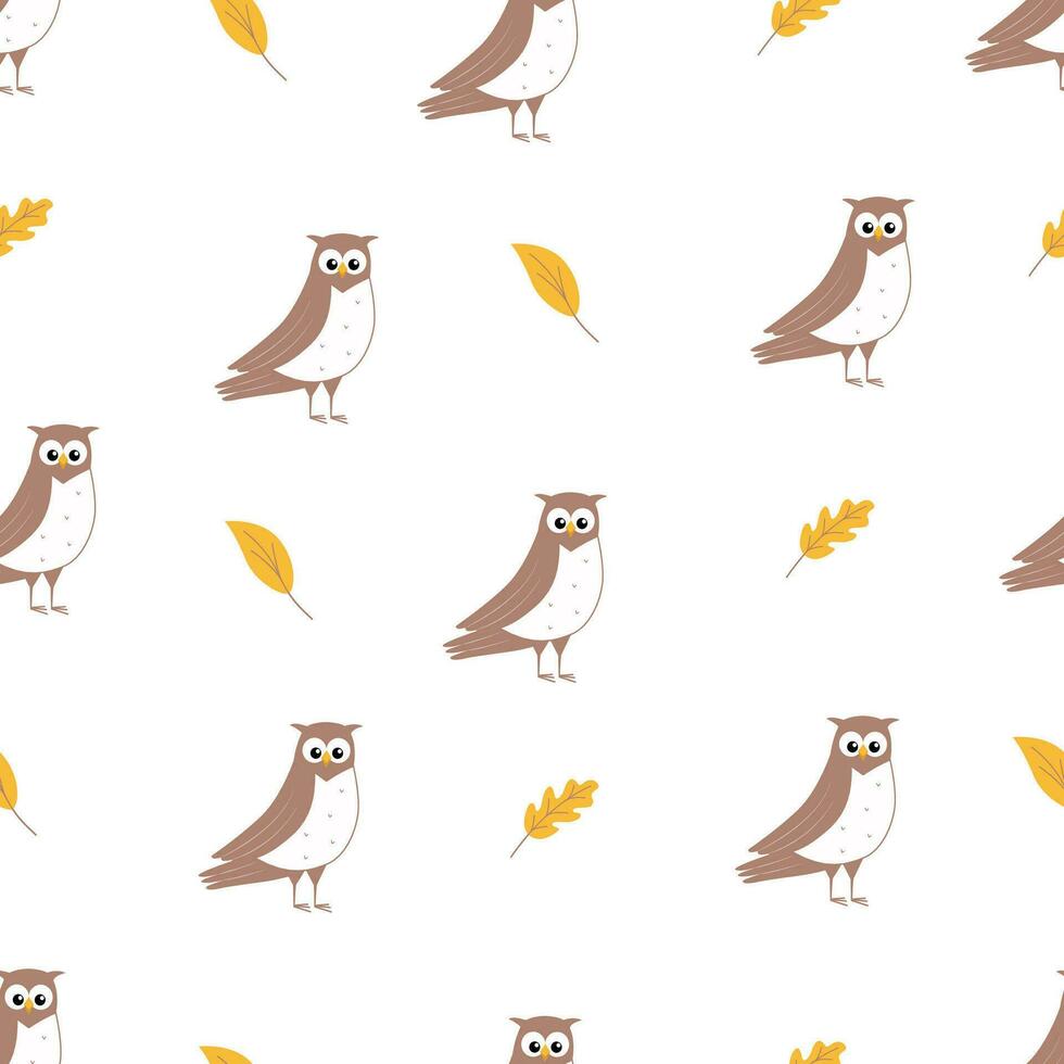 Seamless pattern of cute cartoon owl and autumn leaves. Background wallpaper for kids with a funny forest birds. vector