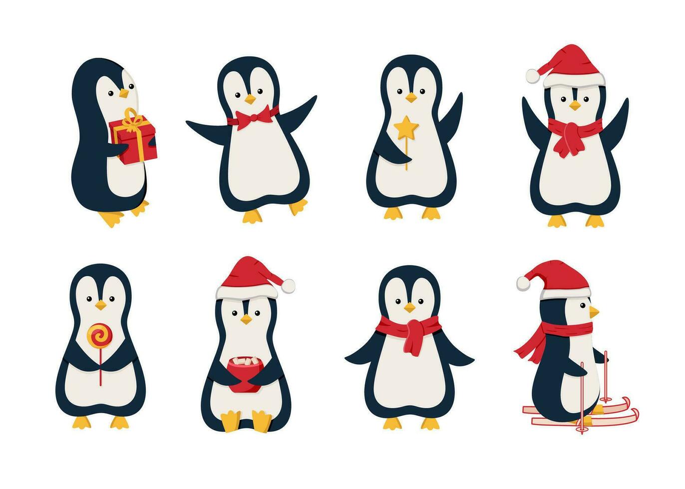 Penguins set funny, cartoon cute characters celebrating New Year and Christmas. Vector illustration of the concept of winter holidays.