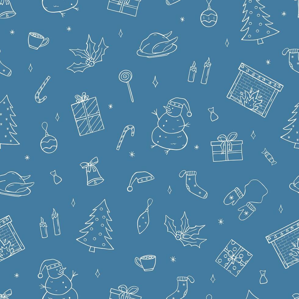 Seamless Pattern Christmas and New Year set of doodle icons. Vector Background wallpaper of cartoon hand draw elements of the symbol of Christmas.