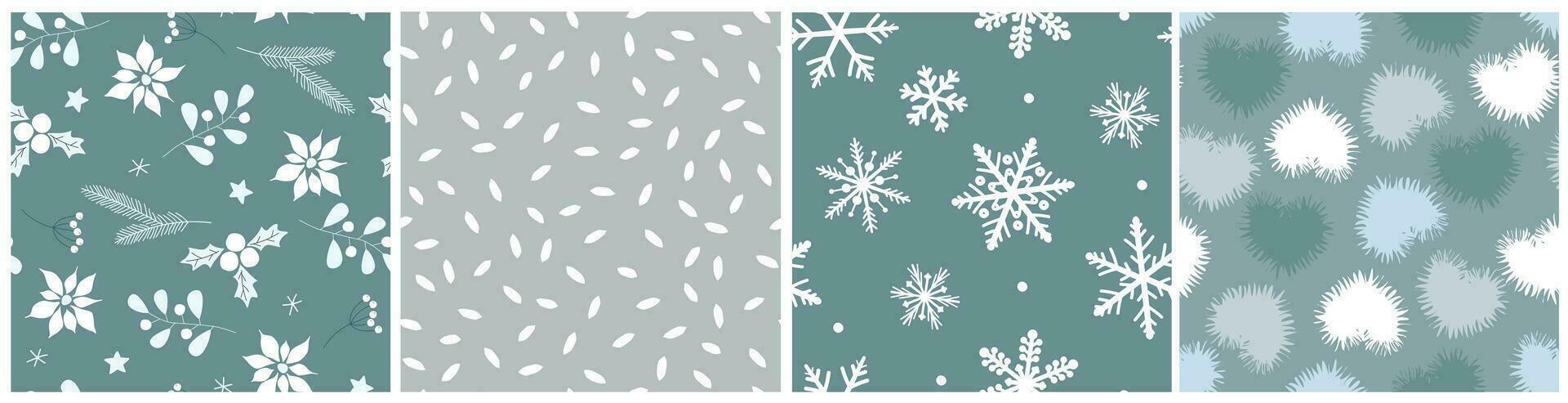 conjunto de sin costura patrones con invierno copos de nieve, abeto sucursales, nieve, frío corazones. festivo escarchado impresión. vector gráficos.