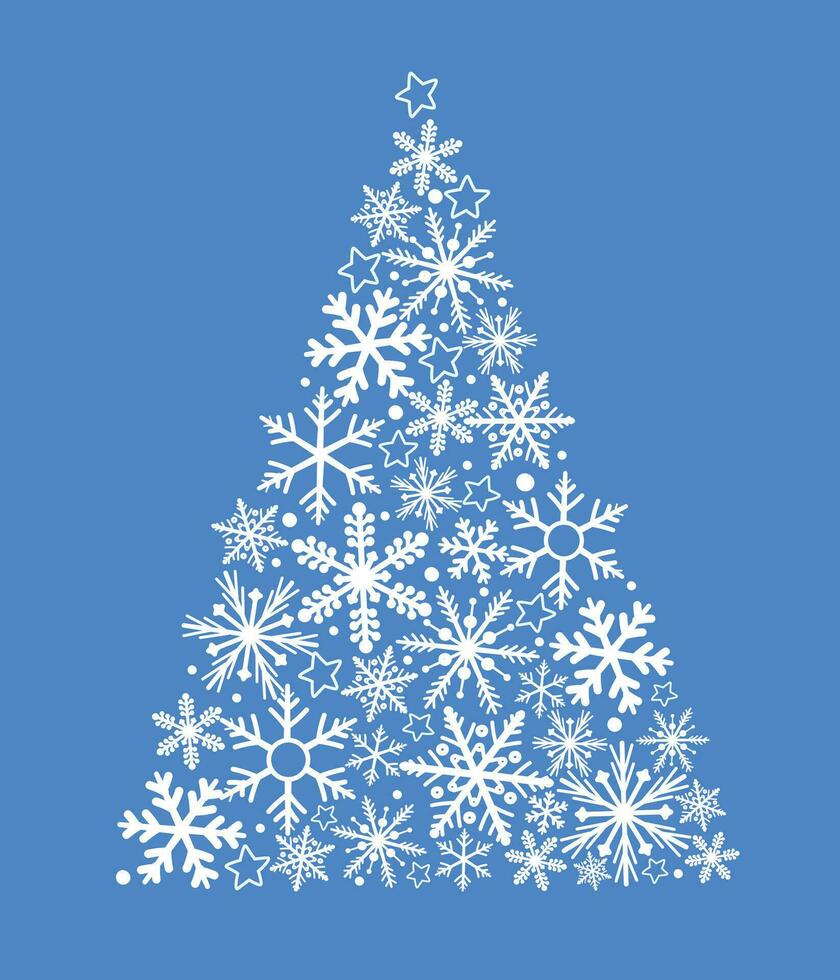 Abstract image of a Christmas tree made of snowflakes and stars. Triangular silhouette of spruce for poster, holiday winter card. Vector graphics.