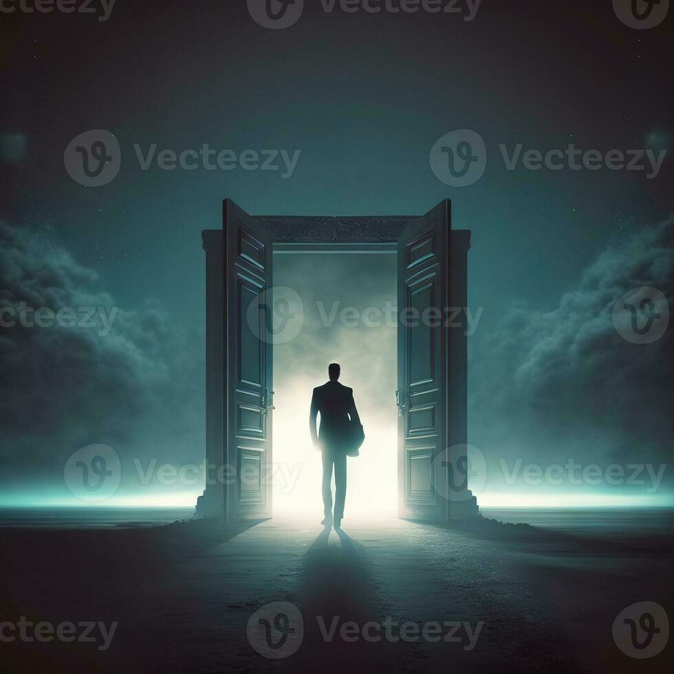Man walking through the door to light.. Generative ai photo