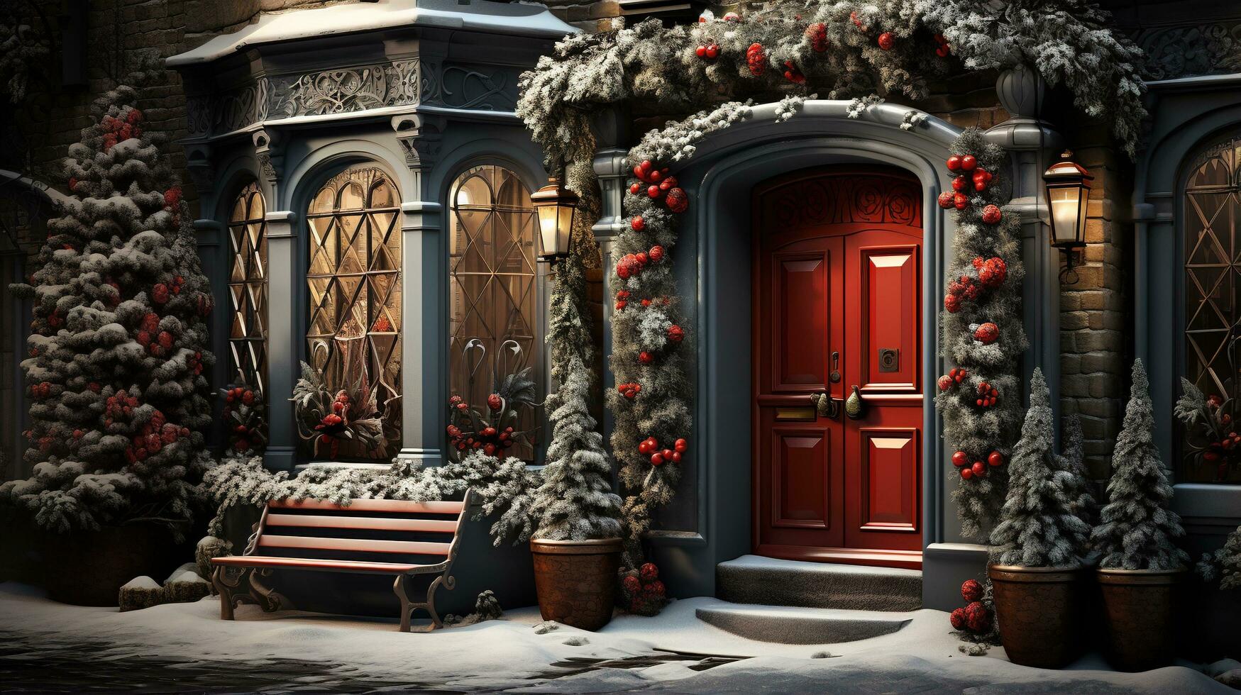 Generative AI, Front door with Christmas decoration, wreath and garland. Red and grey colors photo