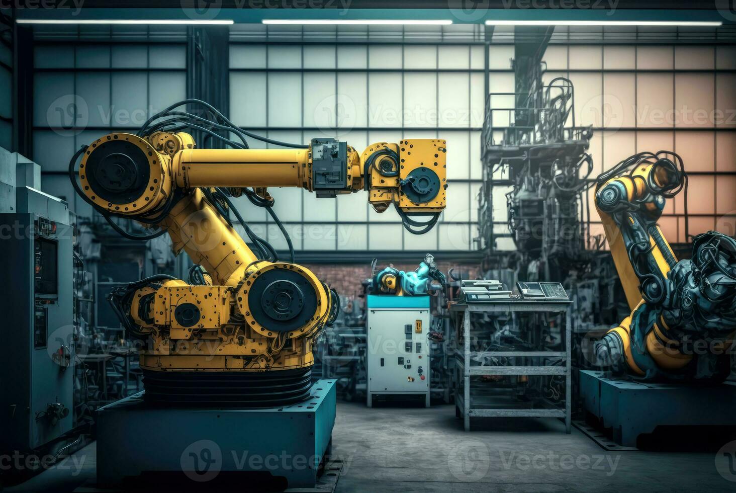 Robotic arms working in modern technology factory. Automation in heavy industry. Generative AI photo