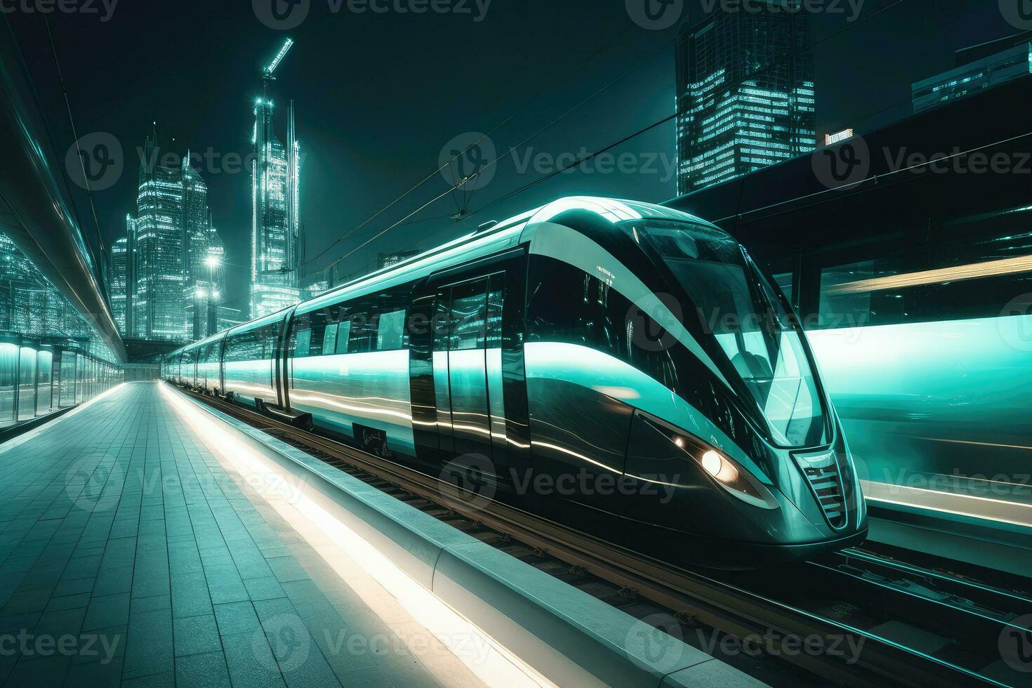 Fast modern train moving through the city the night. Generative AI photo