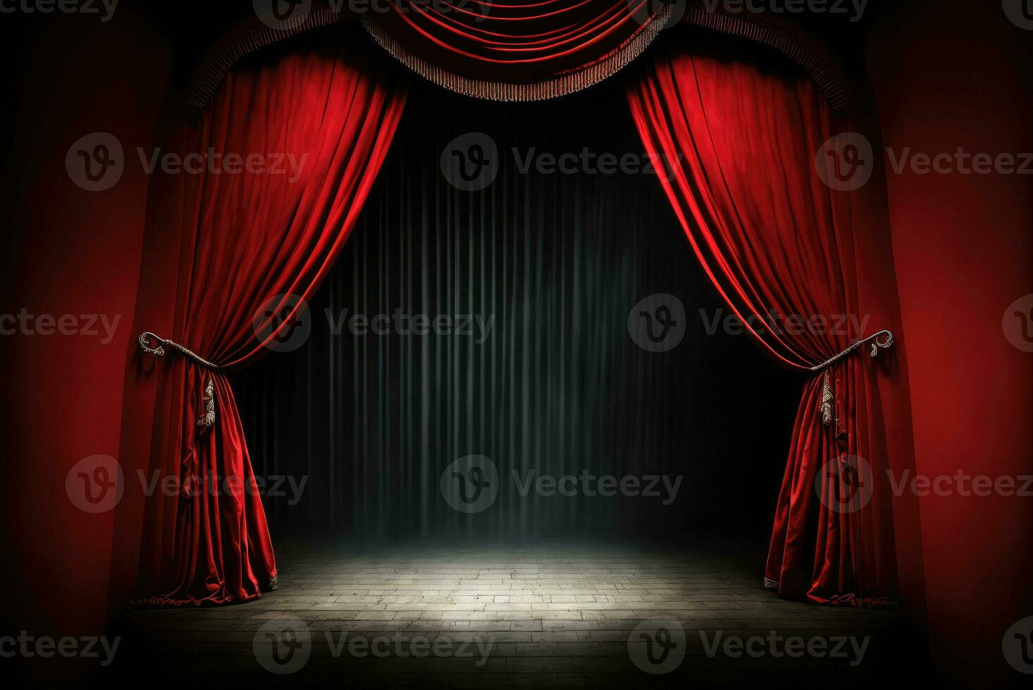 Empty theatre stage in spolight with red curtains. Generative AI photo