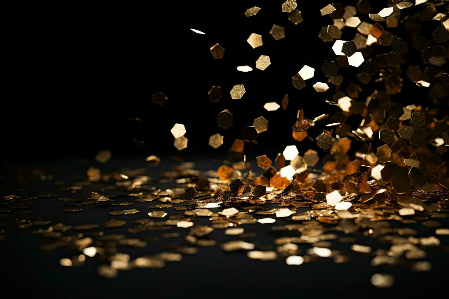 Golden confetti on black background. Festive concept. 3D Rendering, Golden confetti on a Black background. Shallow depth of field, AI Generated photo