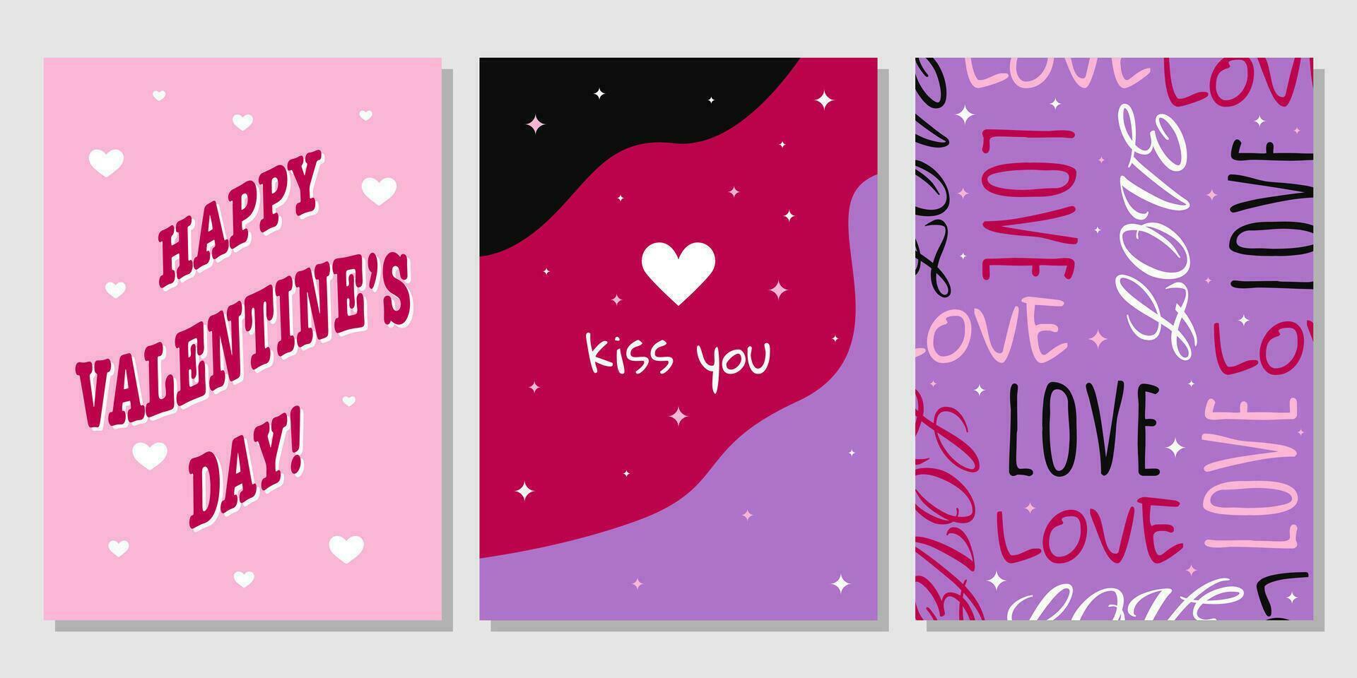 Valentine's Day greeting card set. Hand drawn trendy cartoon heart, love lettering. Vector illustration