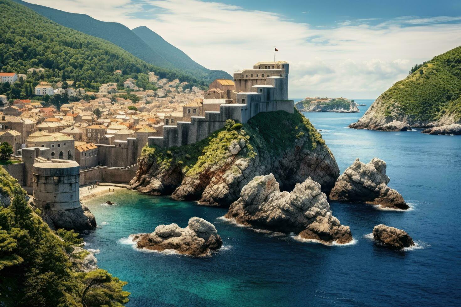 Dubrovnik old town panoramic view, Dalmatia, Croatia, General view of Dubrovnik - Fortresses Lovrijenac and Bokar seen, AI Generated photo