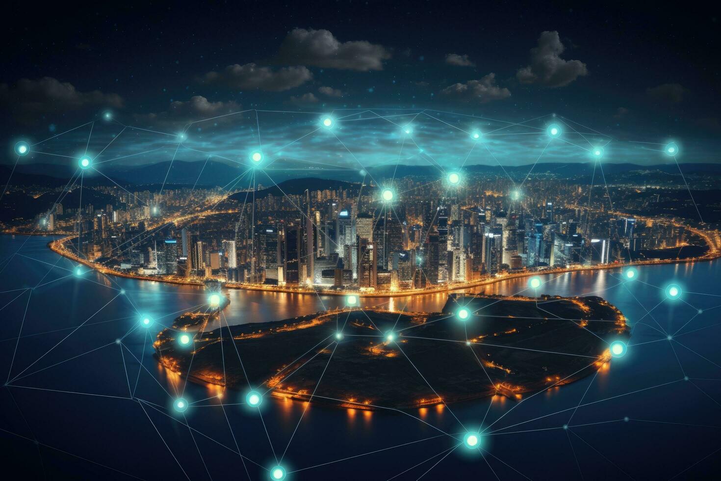 Smart city and network connection concept. 3D Rendering mixed media, Global network connection and internet of things concept, AI Generated photo